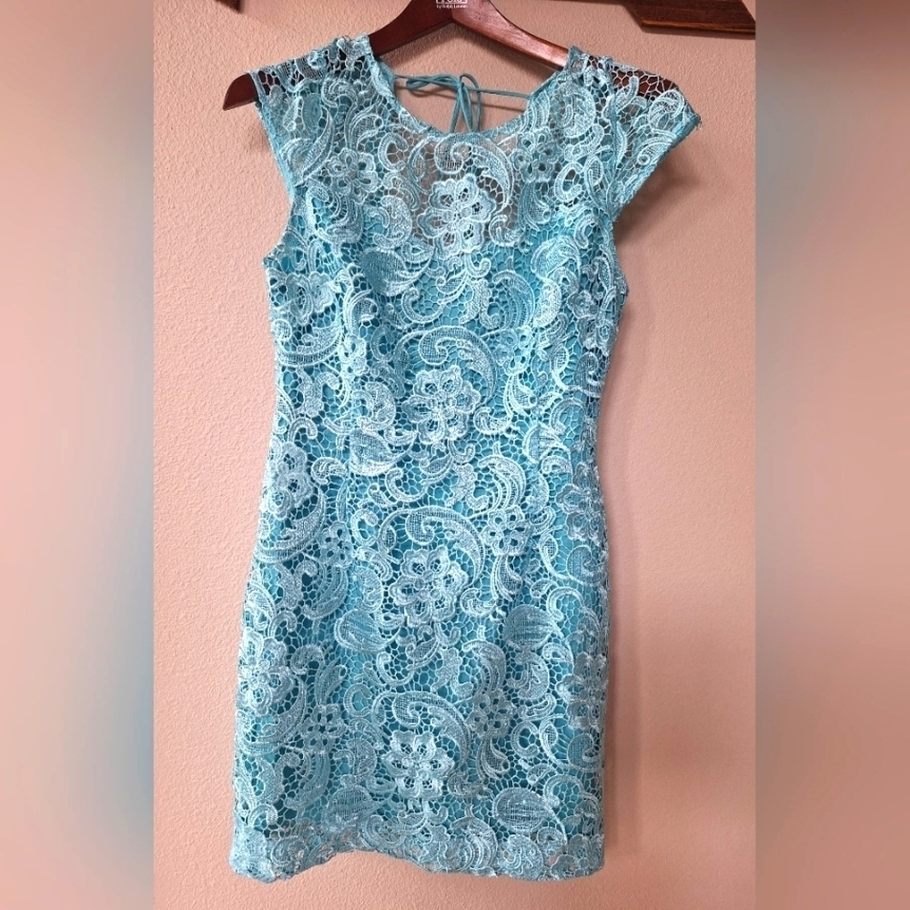 Lipsy London Womens Turquoise Lace Overlay Low Back Cap Sleeve Mini Dress Size 8